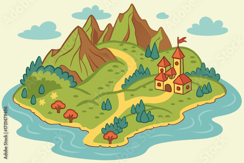 Colorful fantasy map of enchanted island with mountains, rivers, and villages for explorers