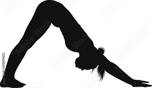 Silhouette of Woman in Downward Dog Yoga Pose Practicing Flexibility, Strength, Wellness, Mindfulness and Physical Fitness for Healthy Lifestyle