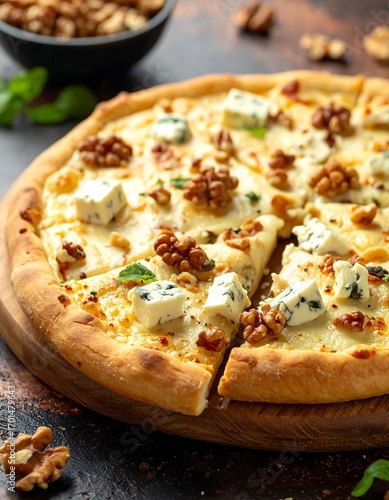 Deliciously topped pizza with creamy sauce, crumbled blue cheese, and walnuts sits ready to be enjoyed.
