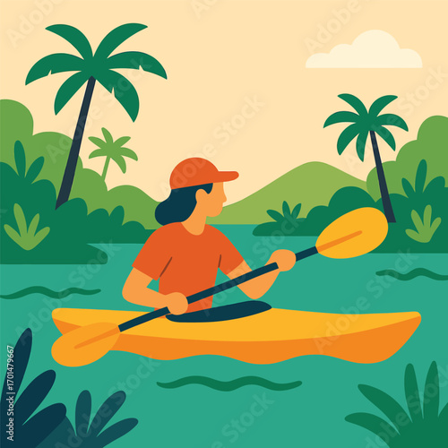 Illustration of a person kayaking on a river with palm trees.