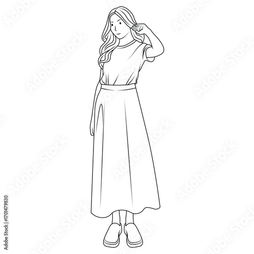 Line drawing illustration of a standing female character - casual wear, long skirt, simple pose.