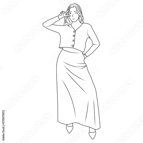 Confident Female Character - Two finger salute Pose with Long Skirt and Buttoned Shirt, Line Art style Illustration.