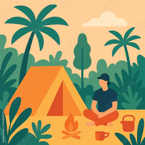 A person sits by a campfire next to a tent in a lush jungle setting with palm trees and dense foliage.