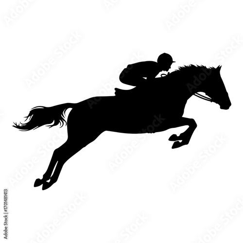 Silhouette of a jockey riding a horse in mid-gallop