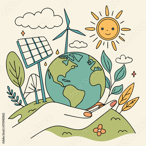 Earth rests peacefully upon a fair hand amid sunshine, wind turbine, and leaves