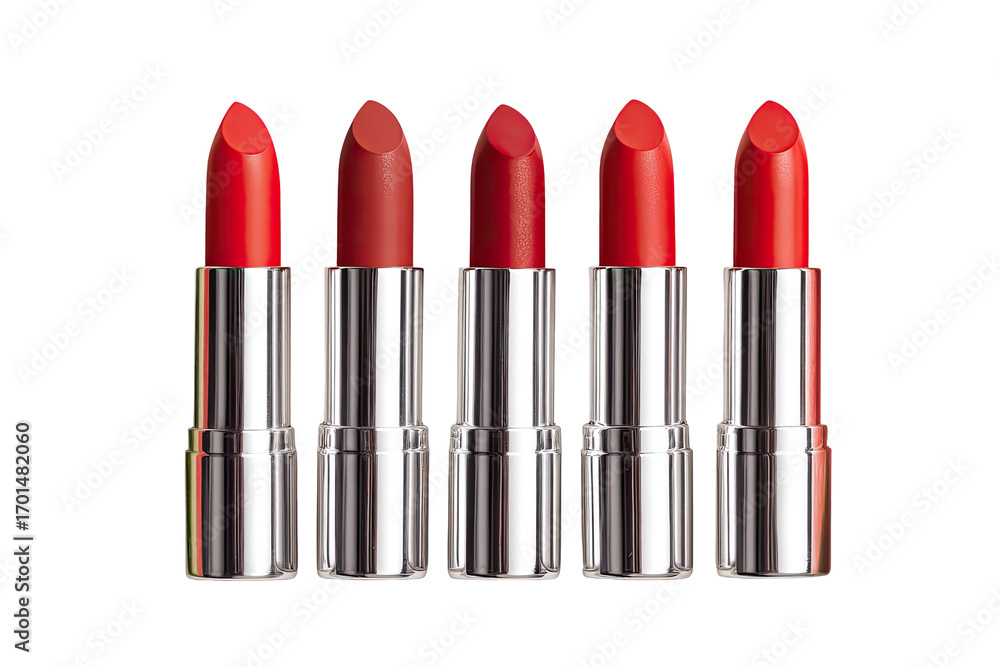 Obraz premium Five shades of red lipstick in metallic silver tubes