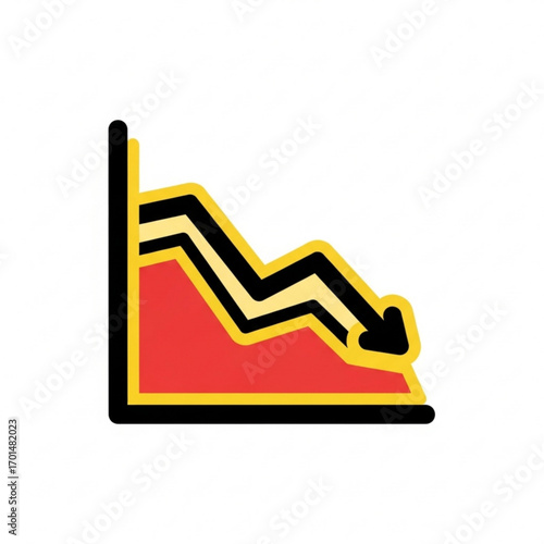 Vector art of graph showing a downward trend with a red area and yellow zigzag line