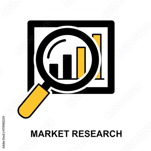 Vector art of magnifying glass over bar chart representing market research