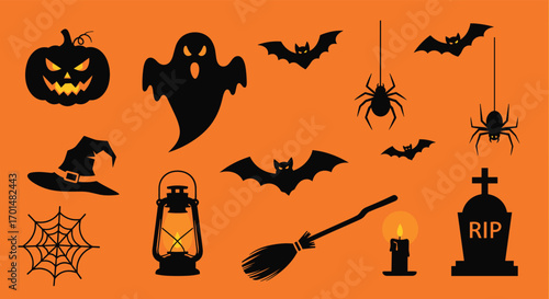 Creepy halloween icons silhouette collection for spooky celebrations and frightening decorations