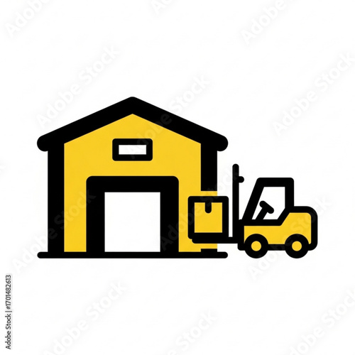 Vector art of yellow forklift loading box into warehouse