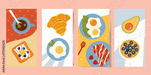 A collection of delicious breakfast illustrations featuring eggs bacon croissants toast avocado and berries
