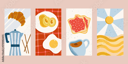 A collection of four charming illustrations depicting various breakfast items and a sunny landscape