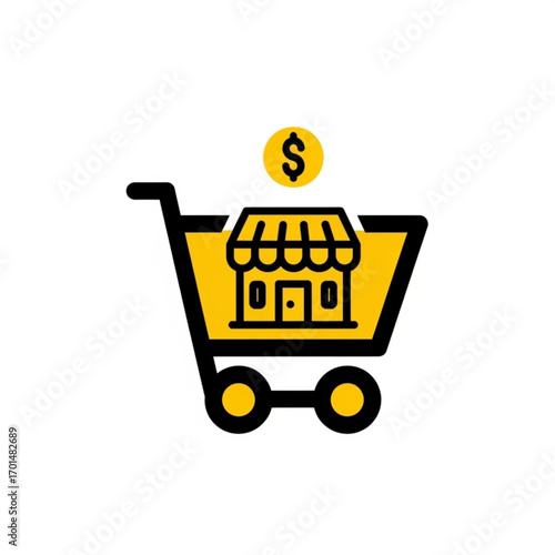Vector art of shopping cart with store and dollar coin