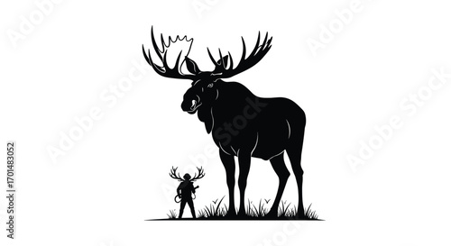 Majestic moose silhouette standing tall beside a tiny person illustrating immense scale and wilderness majesty