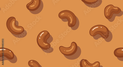 A tasty pattern featuring numerous brown cashew nuts displayed against a warm beige background with subtle shadows creating a layered effect