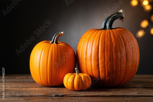 A Trio of Vibrant Orange Pumpkins with Varying Sizes Against a Dark Background Creating a Cozy Autumn Atmosphere and Celebrating the Harvest Season