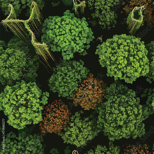 Aerial view of a lush rainforest canopy featuring vibrant green foliage and vines, seamless pattern, Stock royalty image.