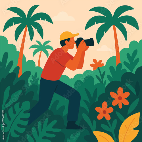 A person wearing a red shirt and yellow cap is taking photos with a camera in a lush tropical jungle with palm trees and orange flowers.