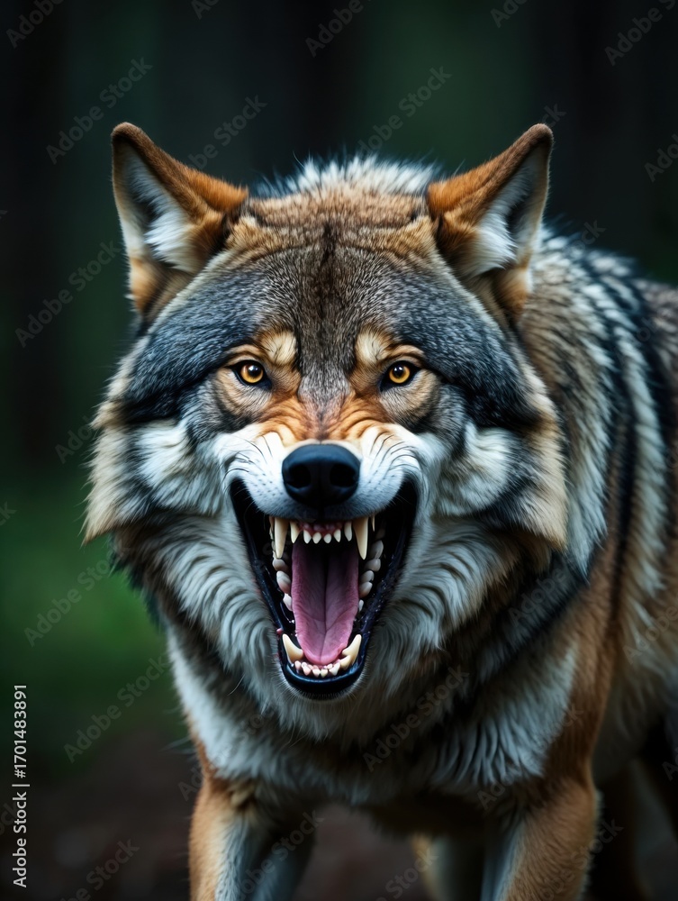 Fototapeta premium A Stunning Close-Up of a Fierce Wolf Displaying Its Powerful Jaws and Intense Gaze in a Lush Forest Environment