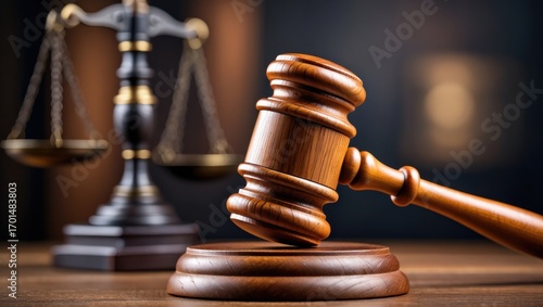 The Symbol of Justice: A Close-Up View of a Classic Wooden Gavel and Scales Representing Law and Order in a Courtroom Setting
