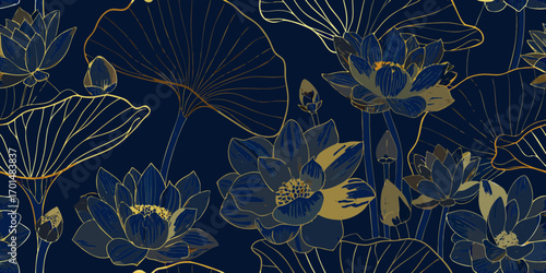 Elegant dark blue and gold seamless pattern with stylized lotus flowers and leaves