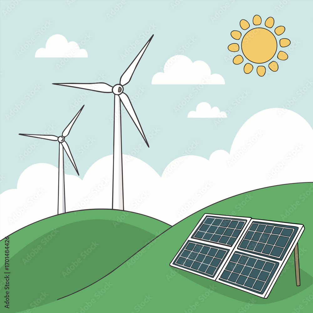 Obraz premium Twin wind turbines and solar panels rest on green hills under a bright sun