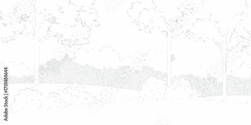 Stylized minimalist white and gray line art landscape with trees and bushes