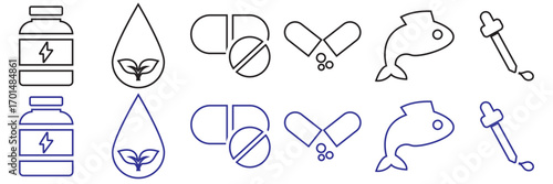 Supplement icon. Collection of colorful medical and health icons including syringe, pills, heartbeat, leaves, apple, and virus symbol for wellness themes.
