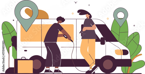 Delivery service team unloading cargo from van vector illustrations