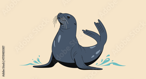 A playful seal performing a happy dance by the ocean waters with joyful splashes and a sandy beach background