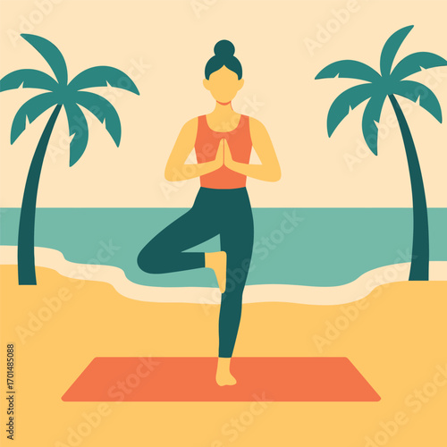 Woman doing yoga on a beach with palm trees in the background.