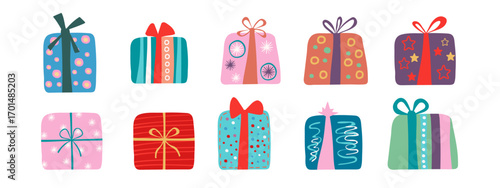 Set of colorful gift boxes with ribbon and bow. Concept of festive gift for holiday, birthday, anniversary, Christmas or New Year.