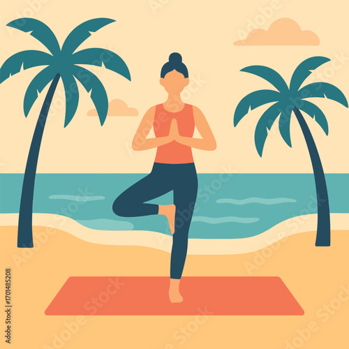 Woman in yoga pose on beach with palm trees and ocean in background.