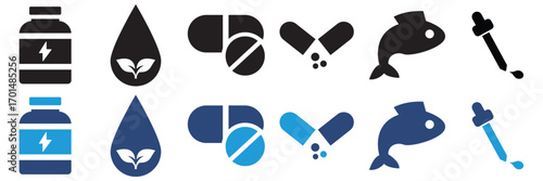 Supplement icon. Collection of colorful medical and health icons including syringe, pills, heartbeat, leaves, apple, and virus symbol for wellness themes.
