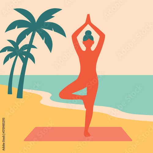 Woman in tree pose on beach with palm trees and ocean.