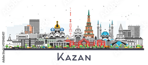 Kazan Russia city skyline with color buildings isolated on white. Kazan cityscape with landmarks. Travel and tourism concept with modern and historic architecture.