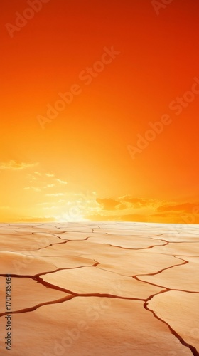 Dramatic orange sunset illuminating cracked dry land during summer heatwave