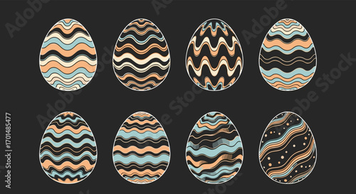 Collection of ornate easter eggs decorated with intricate wavy patterns and abstract designs in earthy tones and pastel hues