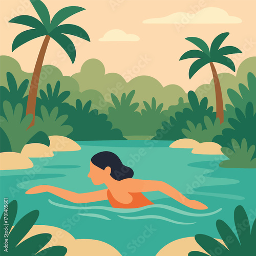 Illustration of a woman swimming in a serene tropical river, surrounded by lush jungle foliage and tall palm trees.