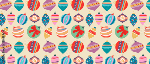 Colorful Christmas decorations, seamless pattern on light background. Winter holiday decoration. For new year card, poster, wrapper, for party, festival banner.