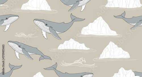 Whales swimming among icebergs in a cool arctic ocean environment pattern