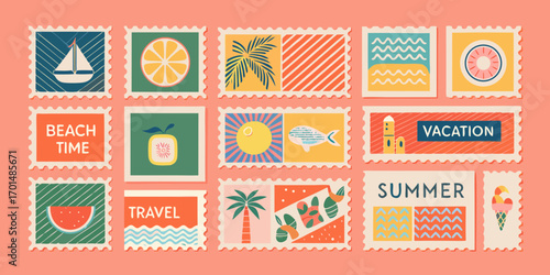 Collection of colorful flat design postage stamps featuring summer vacation and beach themes