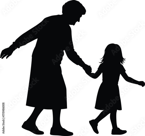 Silhouette vector of elderly woman holding child’s hand, grandmother and granddaughter walking together, family love and generational bond concept.