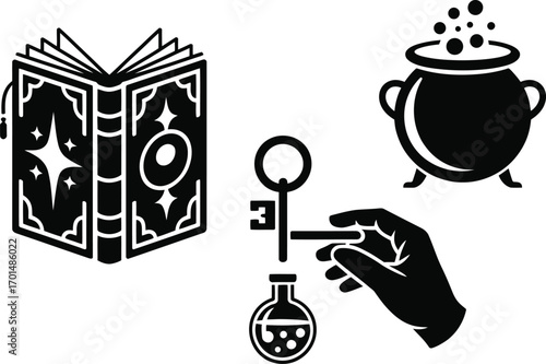 Magical book, potion, key, and bubbling cauldron symbols for fantasy, witchcraft, and spell design