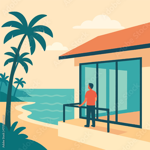 A man stands on a balcony overlooking a tropical beach with palm trees and the ocean.