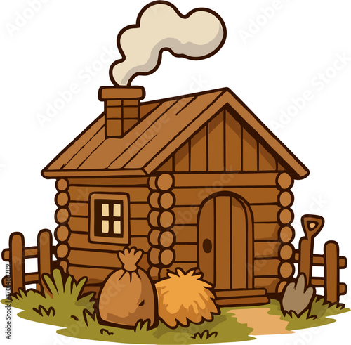Cartoon Wooden Log Cabin House with Chimney, Farmyard and Fence – Cute Rustic Forest Illustration