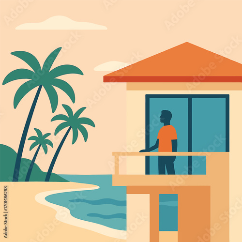Man on a balcony overlooking a beach scene with palm trees and a small house.