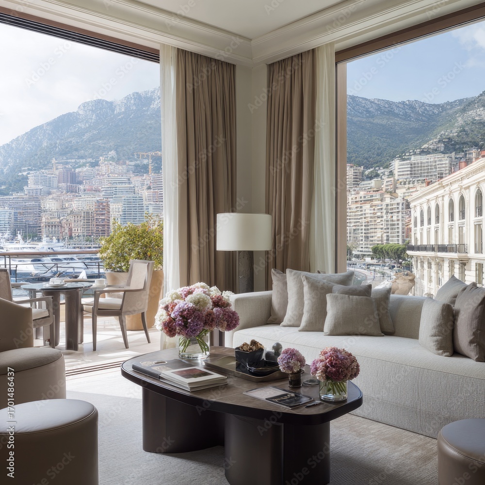 Obraz premium A sophisticated living room with panoramic views of the city, showcasing modern design elements and elegant furnishings.