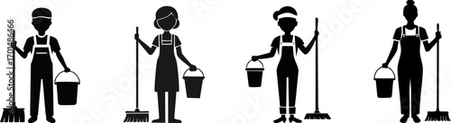 Four silhouettes of individuals engaged in cleaning, holding mops and buckets, representing cleaning services and household chores.
