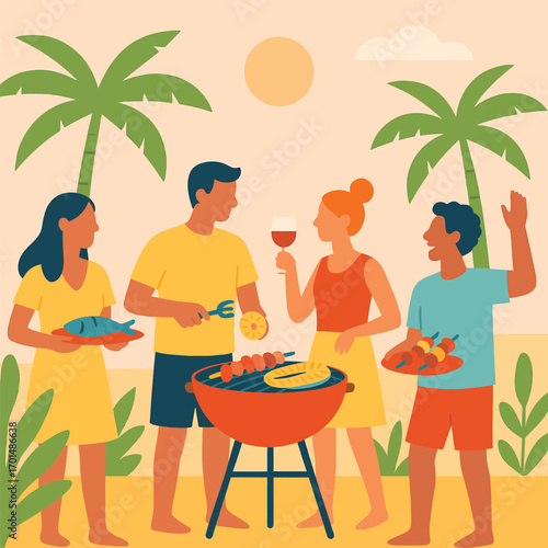 Four friends enjoying a beachside barbecue under palm trees.